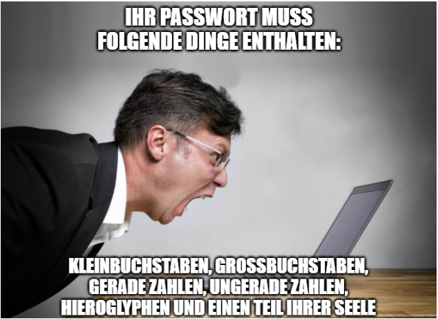 Meme. Ein schreit seinen Pc an. Es steht dabei: Ihr Passwort muss folgende Dinge enthalten. Kleinbuchstaben. Großbuchstaben. Gerade Zahlen. Ungerade Zahlen. Hieroglyphen. Ein Teil ihrer Seele.