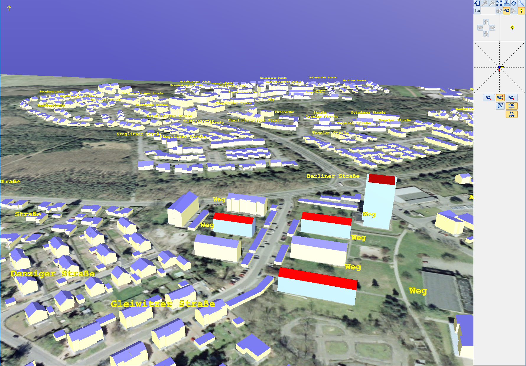 Computergenerierte 3D-Visualisierung einer Stadt mit Gebäuden und Grünflächen