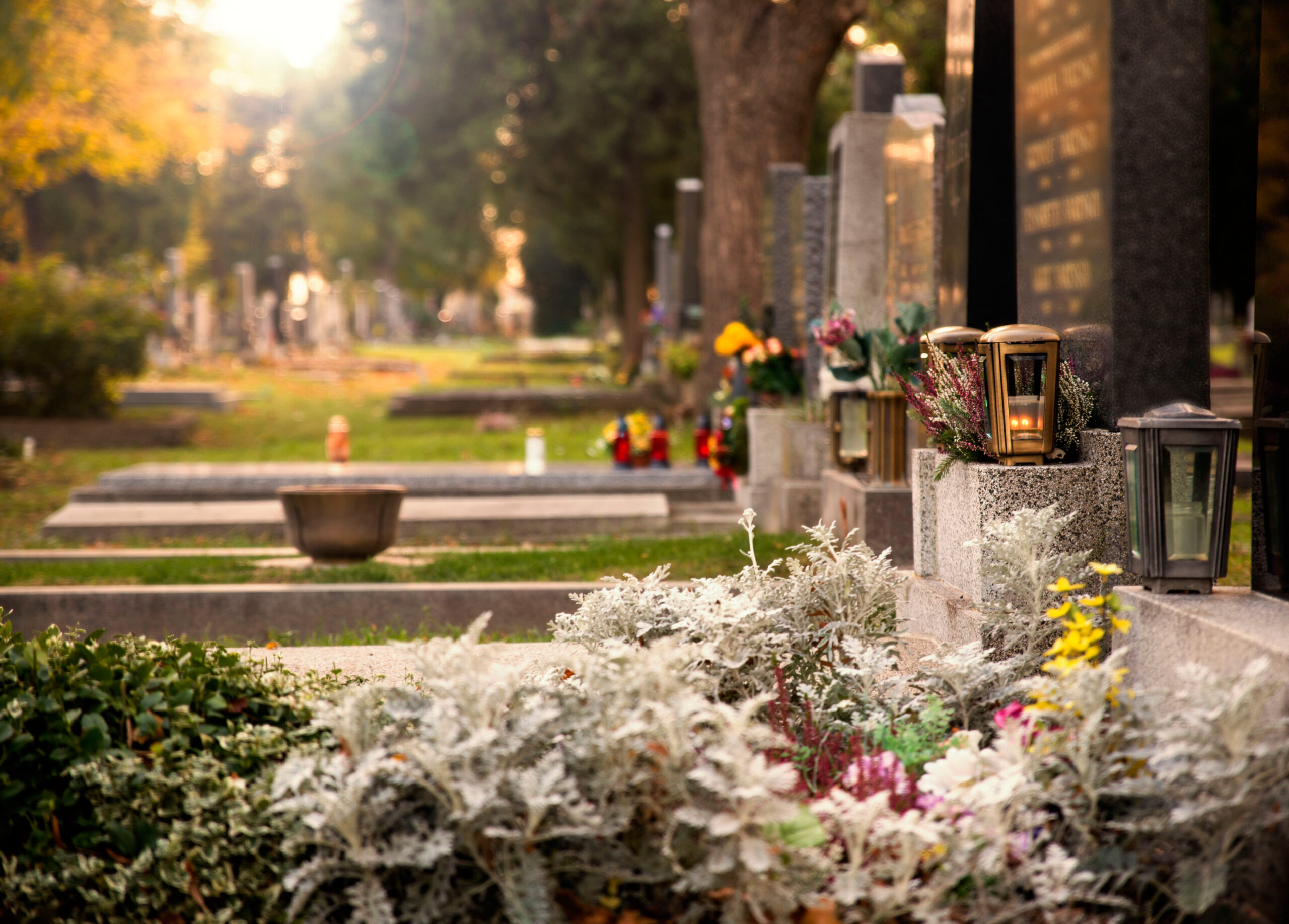 Gepflegte Grabstätten und Wege auf einem kommunalen Friedhof als Teil der Friedhofsanlage