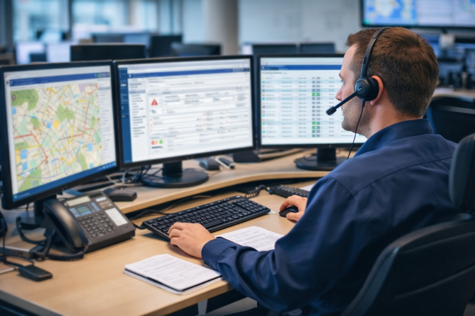 Mann mit Headset vor 3 Monitoren
